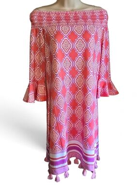 🌴 Cabana Life UPF 50+ Pink Tassel Hem Off Shoulder Cover Up Dress M
